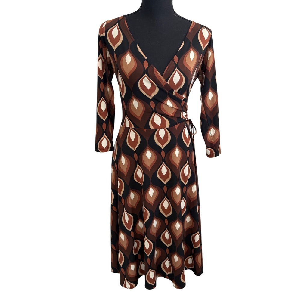 Vintage London Times Chocolate Brown Geometric Midi Dress Size 8 Fall 70s Boho